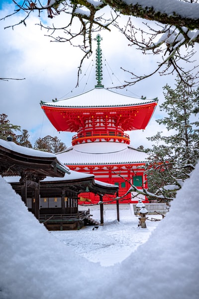 红白相间的寺庙，四周绿树成荫，白雪皑皑